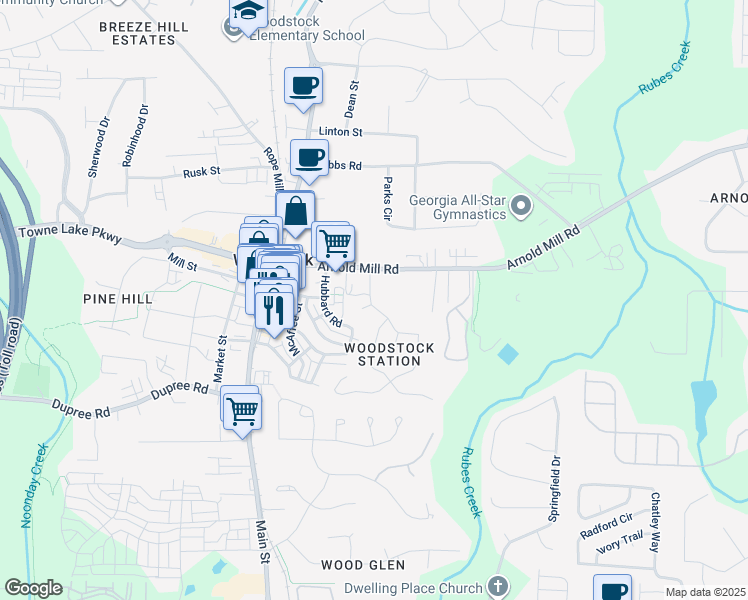 map of restaurants, bars, coffee shops, grocery stores, and more near 119 Bentley Parkway in Woodstock