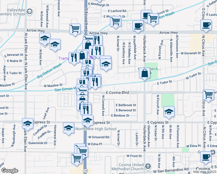 map of restaurants, bars, coffee shops, grocery stores, and more near 777 West Covina Boulevard in Covina