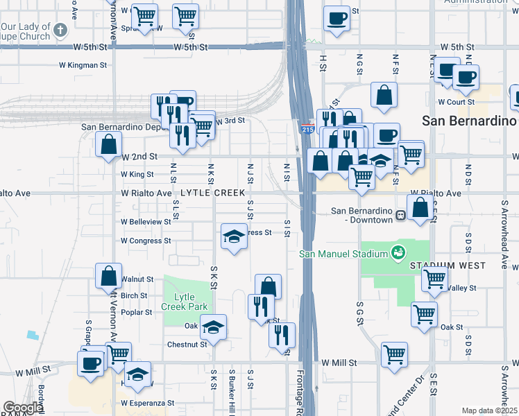 map of restaurants, bars, coffee shops, grocery stores, and more near 965 West Belleview Street in San Bernardino