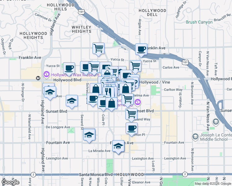 map of restaurants, bars, coffee shops, grocery stores, and more near in Los Angeles
