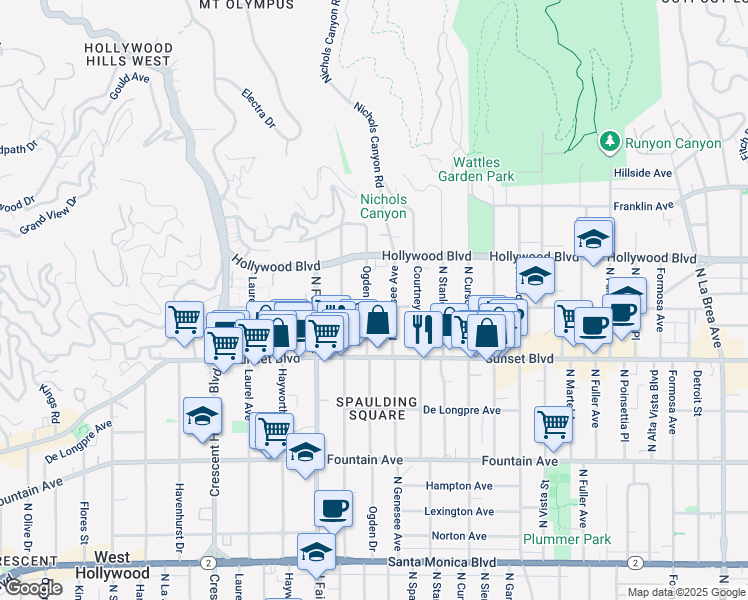 map of restaurants, bars, coffee shops, grocery stores, and more near 1600 North Ogden Drive in Los Angeles