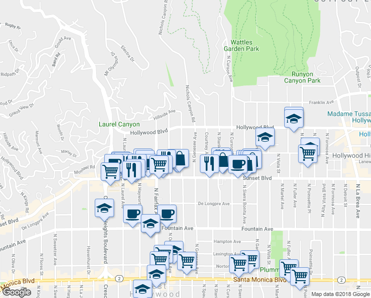map of restaurants, bars, coffee shops, grocery stores, and more near 1600 North Ogden Drive in Los Angeles
