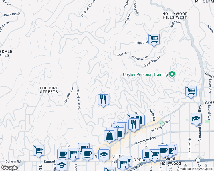 map of restaurants, bars, coffee shops, grocery stores, and more near 8721 Sunset Plaza Place in Los Angeles