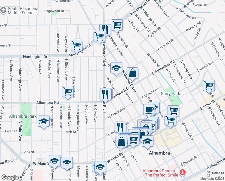 map of restaurants, bars, coffee shops, grocery stores, and more near 221 Alhambra Road in Alhambra