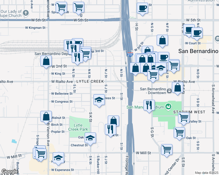map of restaurants, bars, coffee shops, grocery stores, and more near 965 West Belleview Street in San Bernardino