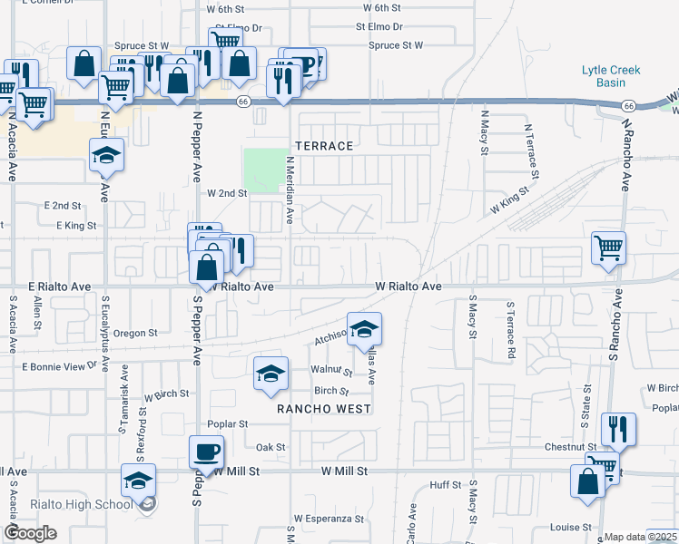 map of restaurants, bars, coffee shops, grocery stores, and more near 2617 West Rialto Avenue in San Bernardino