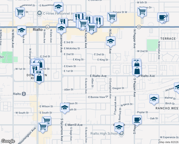 map of restaurants, bars, coffee shops, grocery stores, and more near 103 South Acacia Avenue in Rialto