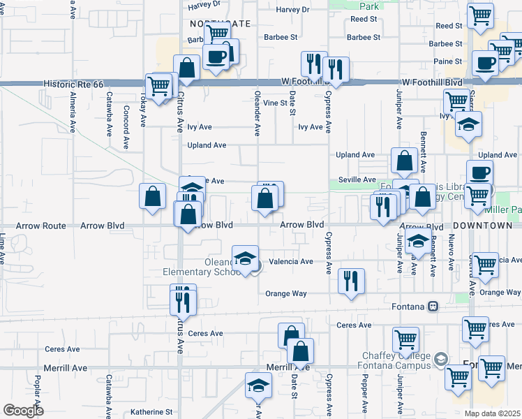 map of restaurants, bars, coffee shops, grocery stores, and more near in Fontana