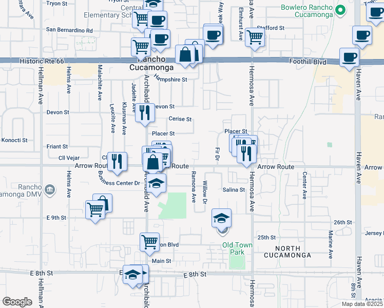 map of restaurants, bars, coffee shops, grocery stores, and more near 9894 Arrow Route in Rancho Cucamonga