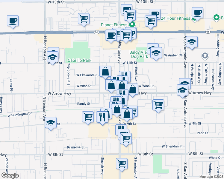 map of restaurants, bars, coffee shops, grocery stores, and more near 1282 West Arrow Highway in Upland
