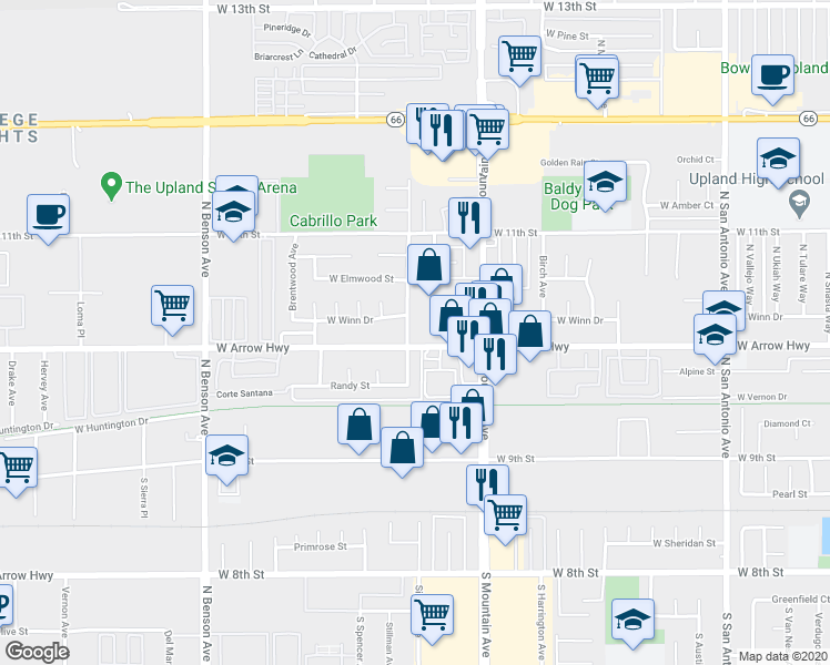 map of restaurants, bars, coffee shops, grocery stores, and more near 1322 West Arrow Highway in Upland