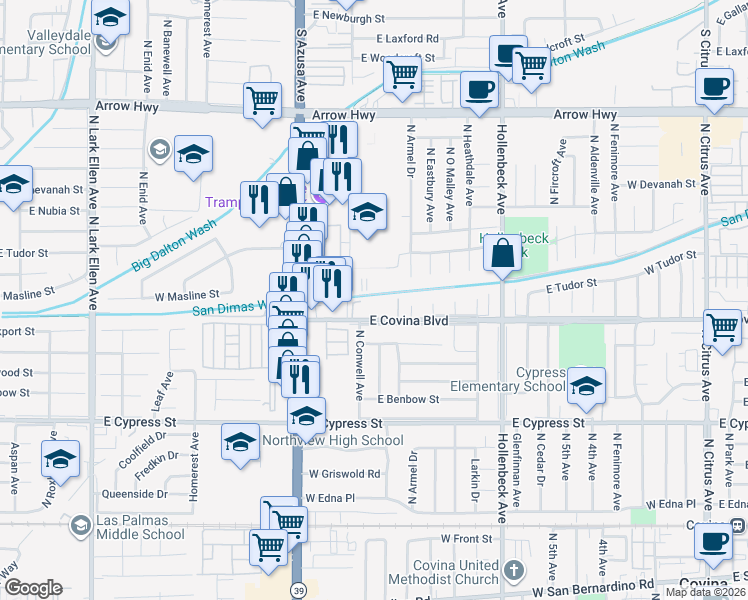 map of restaurants, bars, coffee shops, grocery stores, and more near 17618 North Conwell Avenue in Covina