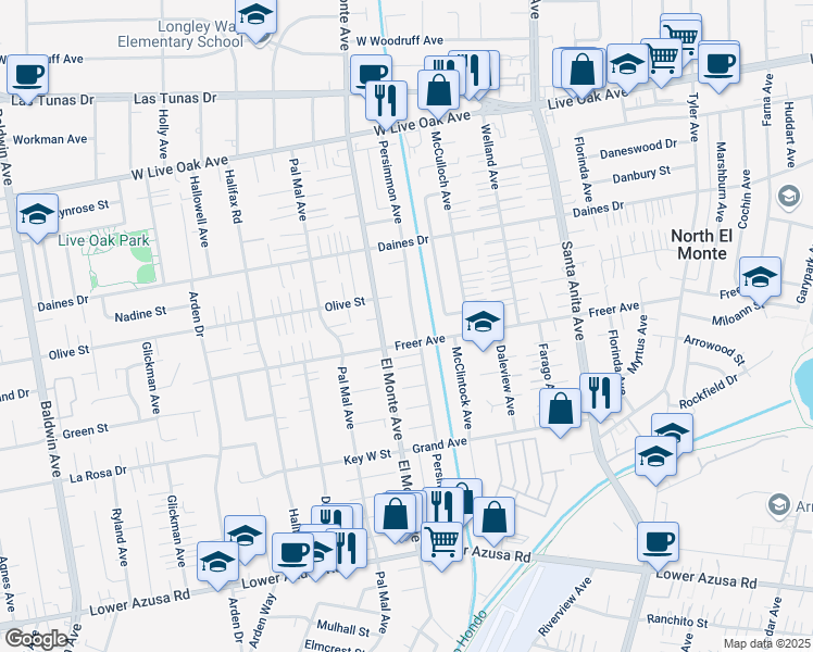 map of restaurants, bars, coffee shops, grocery stores, and more near 10703 Freer Street in Temple City