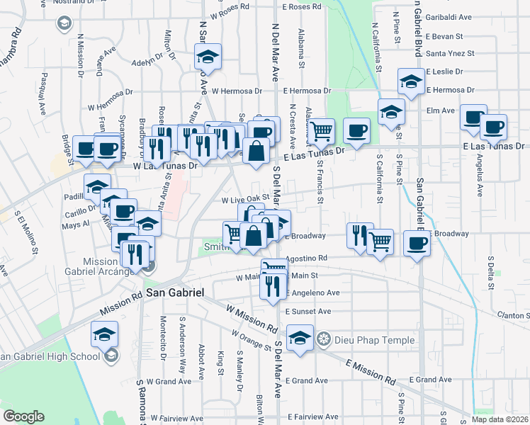 map of restaurants, bars, coffee shops, grocery stores, and more near 238 South San Marino Avenue in San Gabriel