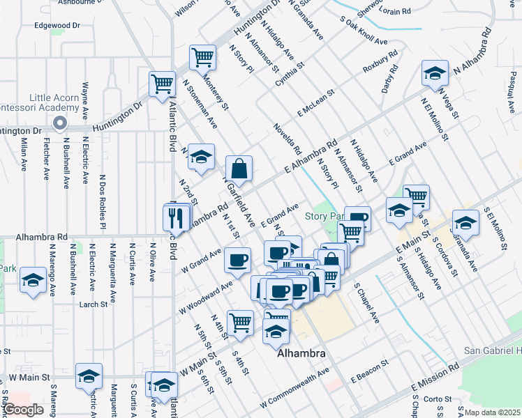 map of restaurants, bars, coffee shops, grocery stores, and more near 1 East Grand Avenue in Alhambra