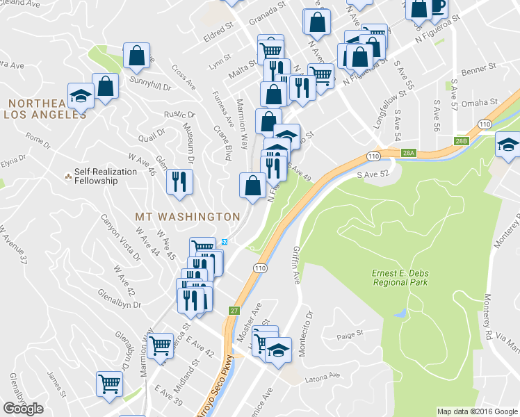 map of restaurants, bars, coffee shops, grocery stores, and more near 4653 North Figueroa Street in Los Angeles