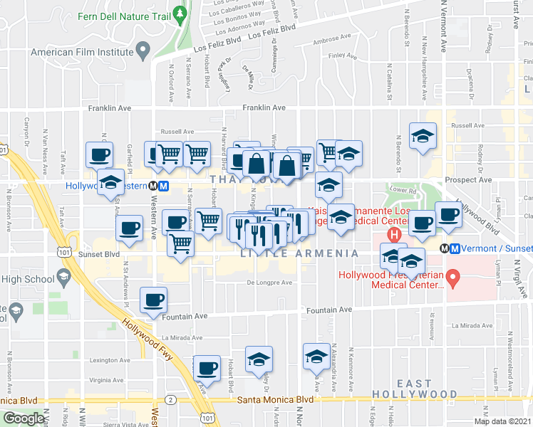 map of restaurants, bars, coffee shops, grocery stores, and more near 1546 Winona Boulevard in Los Angeles