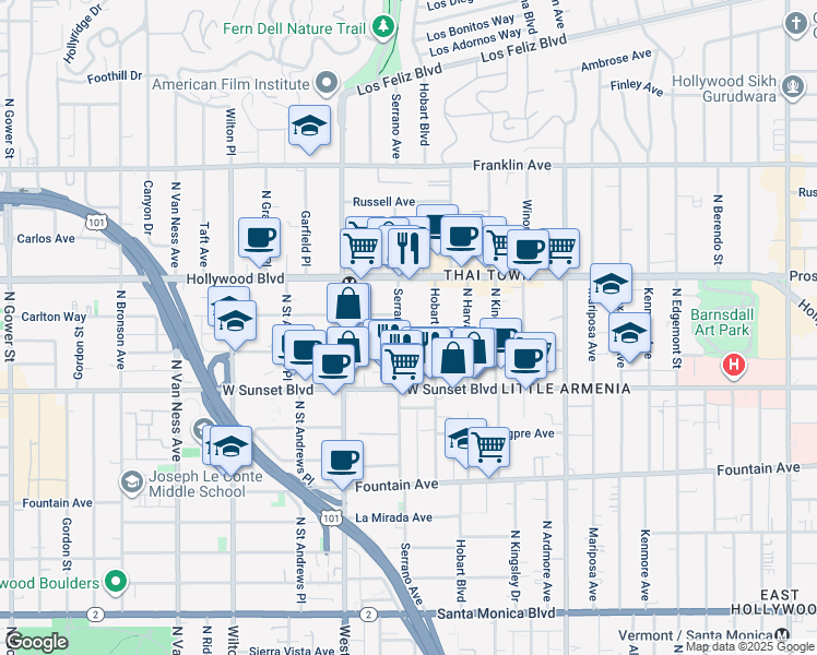 map of restaurants, bars, coffee shops, grocery stores, and more near 1545 North Hobart Boulevard in Los Angeles