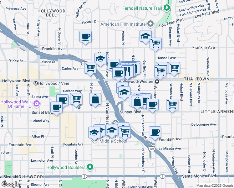 map of restaurants, bars, coffee shops, grocery stores, and more near 5707 Harold Way in Los Angeles