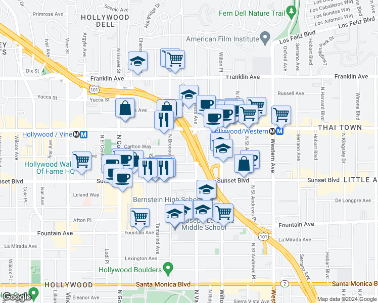 map of restaurants, bars, coffee shops, grocery stores, and more near 5831 Harold Way in Los Angeles