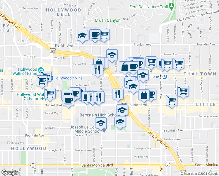 map of restaurants, bars, coffee shops, grocery stores, and more near 5831 Harold Way in Los Angeles