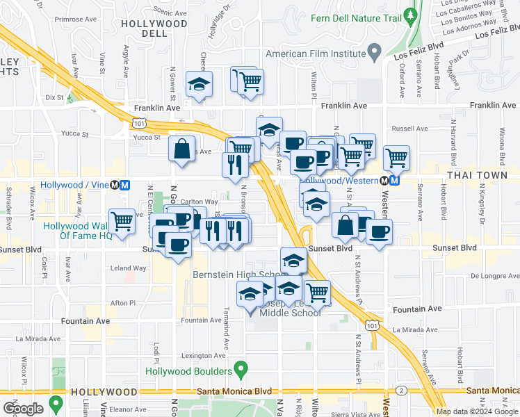 map of restaurants, bars, coffee shops, grocery stores, and more near 5831 Harold Way in Los Angeles