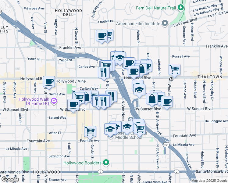map of restaurants, bars, coffee shops, grocery stores, and more near 5831 Harold Way in Los Angeles