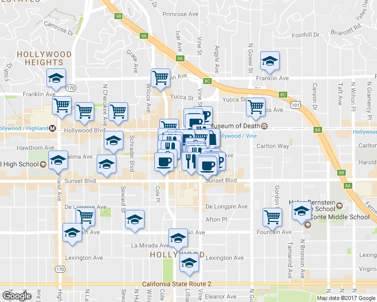 map of restaurants, bars, coffee shops, grocery stores, and more near 1602 Ivar Avenue in Los Angeles