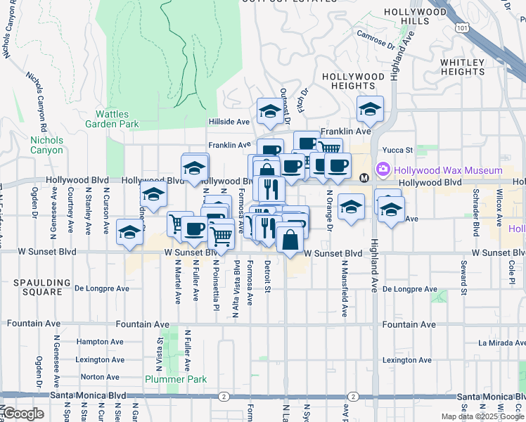 map of restaurants, bars, coffee shops, grocery stores, and more near 7124 Hawthorn Avenue in Los Angeles