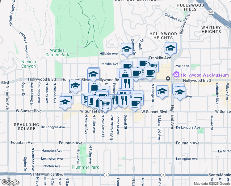 map of restaurants, bars, coffee shops, grocery stores, and more near 7202 Hawthorn Avenue in Los Angeles