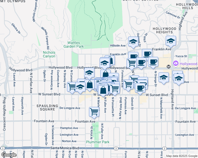 map of restaurants, bars, coffee shops, grocery stores, and more near 7346 Hawthorn Avenue in Los Angeles