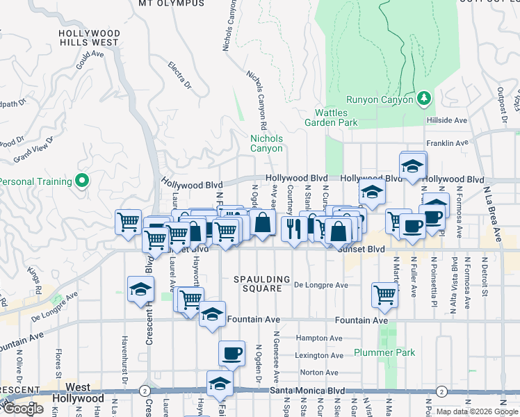 map of restaurants, bars, coffee shops, grocery stores, and more near 1552 North Ogden Drive in West Hollywood