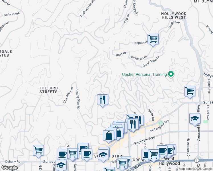 map of restaurants, bars, coffee shops, grocery stores, and more near 8721 Sunset Plaza Place in Los Angeles