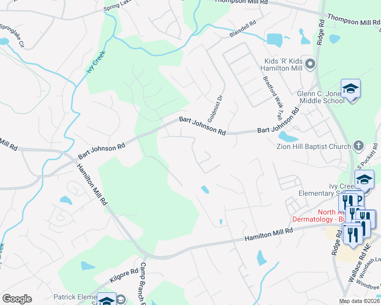 map of restaurants, bars, coffee shops, grocery stores, and more near 3721 Bogan Mill Road Northeast in Buford