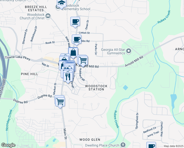 map of restaurants, bars, coffee shops, grocery stores, and more near 111 Bentley Parkway in Woodstock