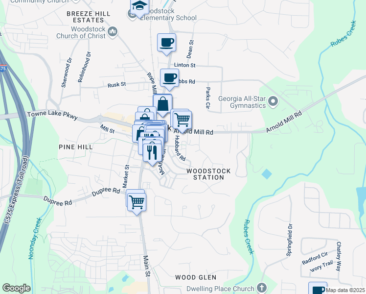 map of restaurants, bars, coffee shops, grocery stores, and more near 719 Hammond Drive in Woodstock