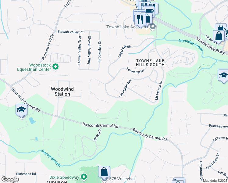 map of restaurants, bars, coffee shops, grocery stores, and more near 604 Lexington Way in Woodstock