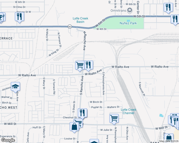 map of restaurants, bars, coffee shops, grocery stores, and more near 1966 West Rialto Avenue in San Bernardino