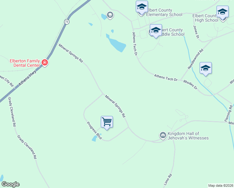 map of restaurants, bars, coffee shops, grocery stores, and more near 1478 Mineral Springs Road in Elberton