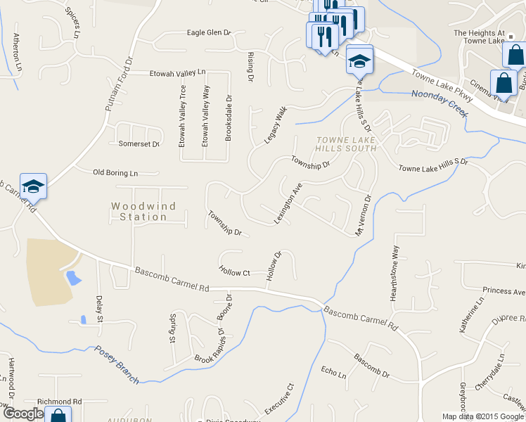 map of restaurants, bars, coffee shops, grocery stores, and more near 604 Lexington Way in Woodstock