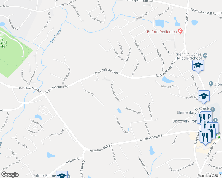 map of restaurants, bars, coffee shops, grocery stores, and more near 3710 Bogan Mill Road Northeast in Buford