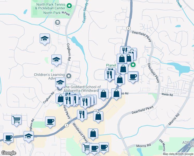 map of restaurants, bars, coffee shops, grocery stores, and more near 2860 Commonwealth Circle in Alpharetta