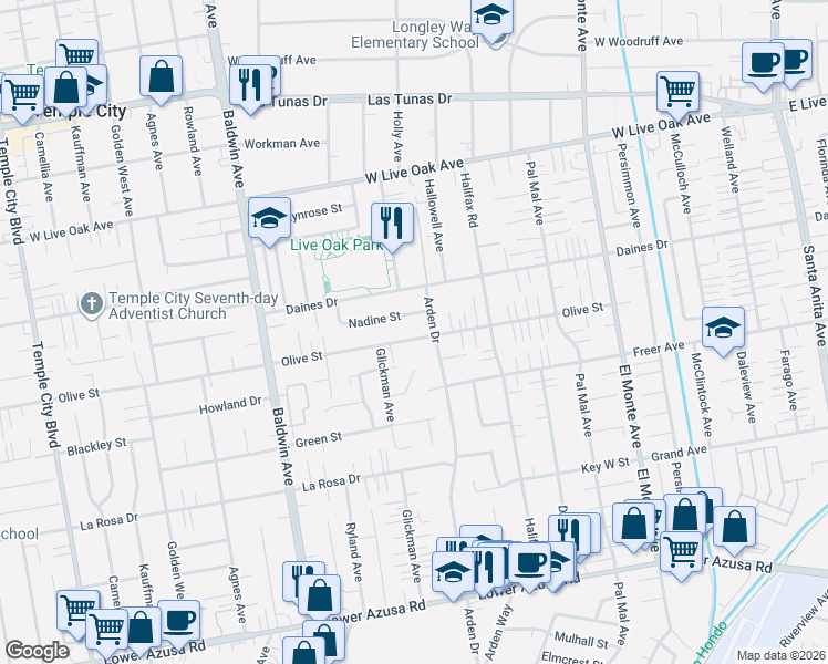 map of restaurants, bars, coffee shops, grocery stores, and more near 10216 Olive Street in Temple City