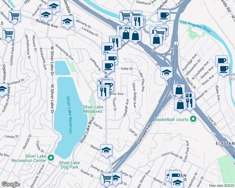 map of restaurants, bars, coffee shops, grocery stores, and more near 2239 Brier Avenue in Los Angeles