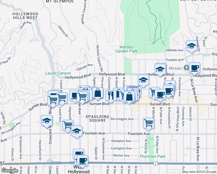 map of restaurants, bars, coffee shops, grocery stores, and more near 1602 Courtney Avenue in Los Angeles