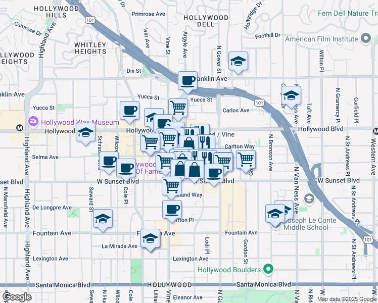 map of restaurants, bars, coffee shops, grocery stores, and more near 1559 North El Centro Avenue in Los Angeles