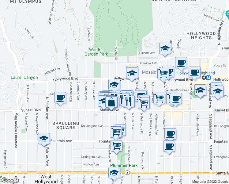 map of restaurants, bars, coffee shops, grocery stores, and more near 1607 North Vista Street in Los Angeles