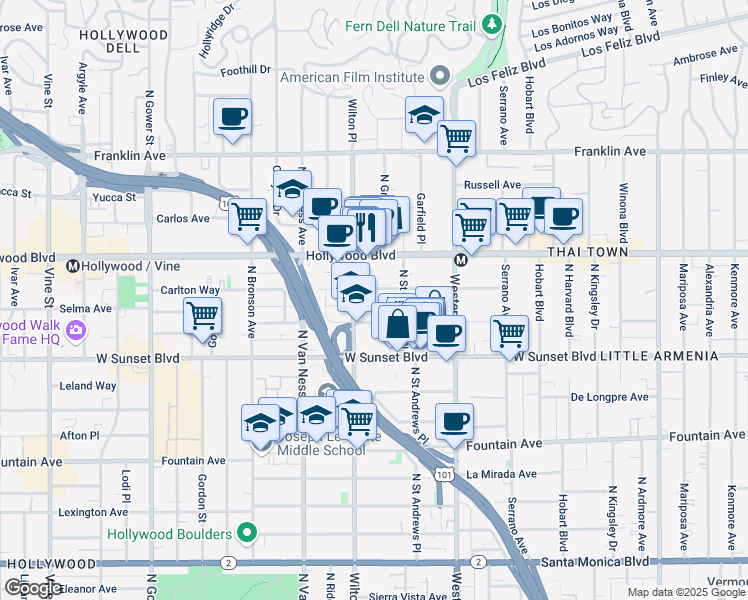 map of restaurants, bars, coffee shops, grocery stores, and more near 5634 Carlton Way in Los Angeles