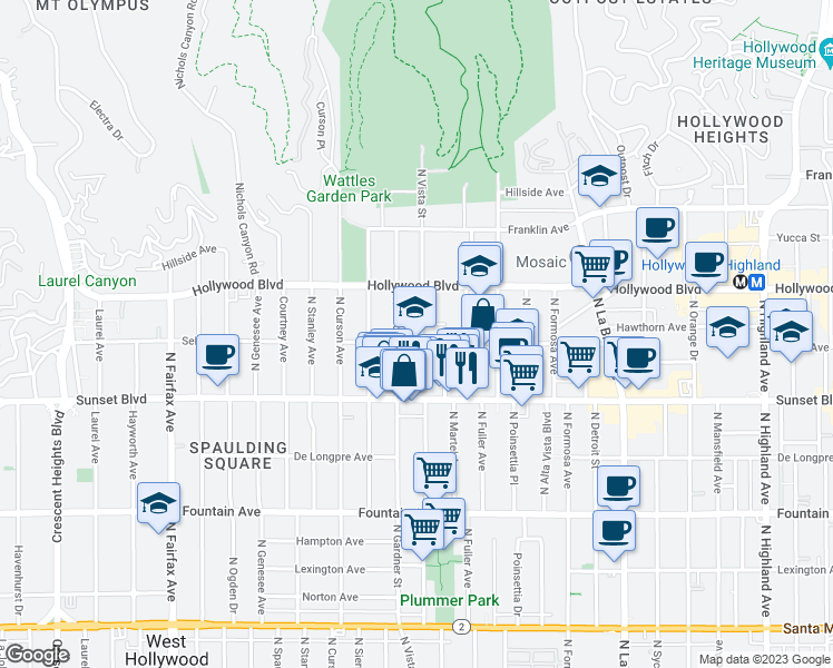 map of restaurants, bars, coffee shops, grocery stores, and more near 1607 North Vista Street in Los Angeles