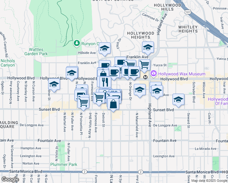 map of restaurants, bars, coffee shops, grocery stores, and more near 7075 Lanewood Avenue in Los Angeles